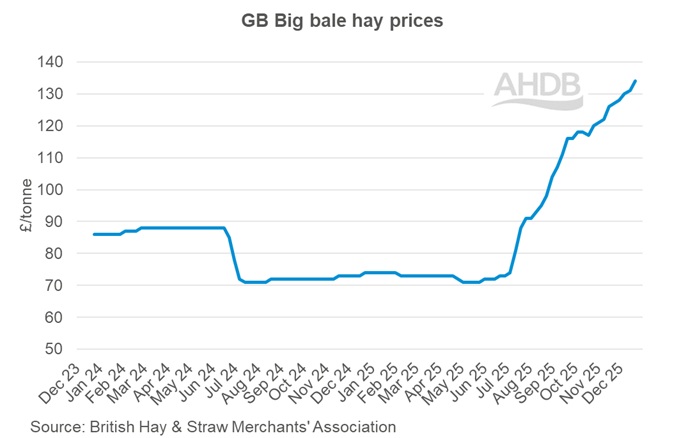 Graph showing GB big bale hay weekly prices 21 December 2025.